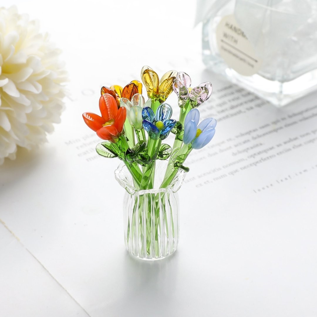 Miniature Glass Seven Flowers Figurine Collectible With Vase For Birthday