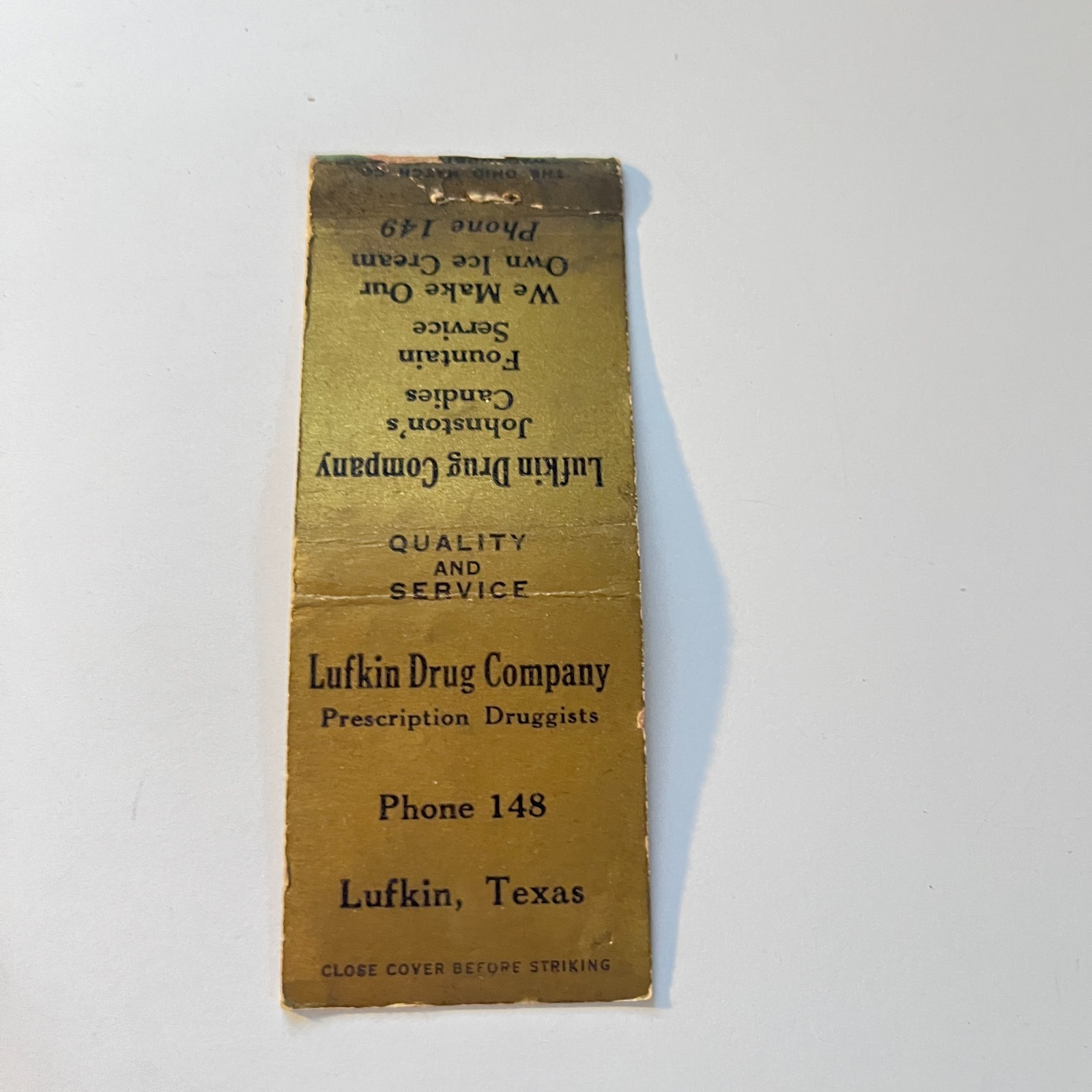 Lufkin Drug Company Quality Service Lufkin TX Vintage Matchbook Cover 4MB111-3
