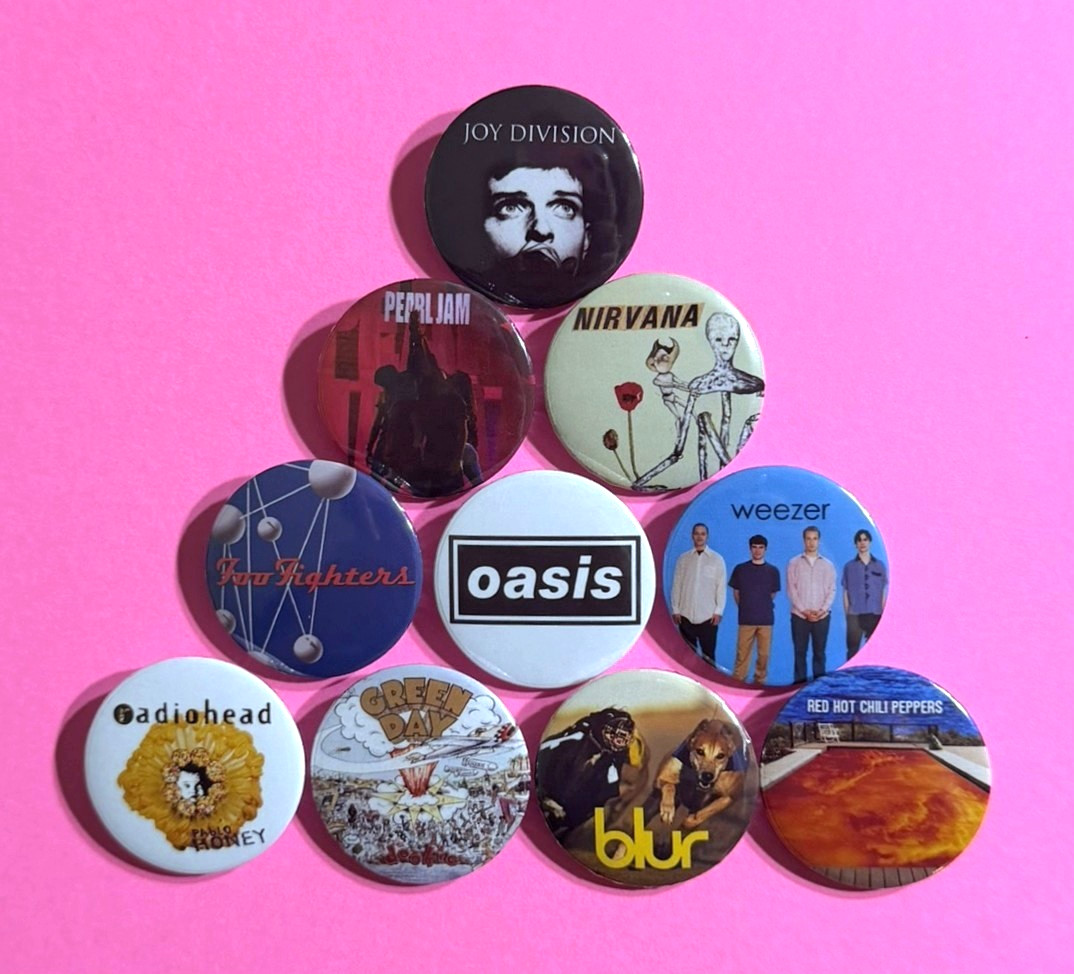 Alternative Music 1.25″ Button Pin Lot of (10) Weezer Oasis Radiohead Green Day
