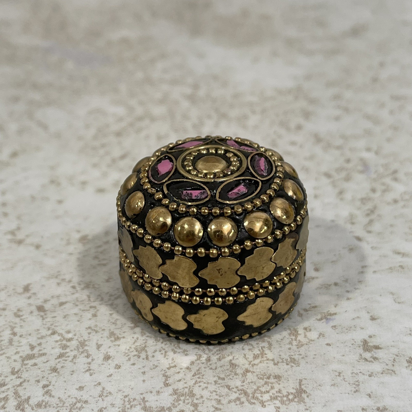 Vintage Handmade Mini Round Lidded Metal Pill Trinket Box 1” H x 1.25” D