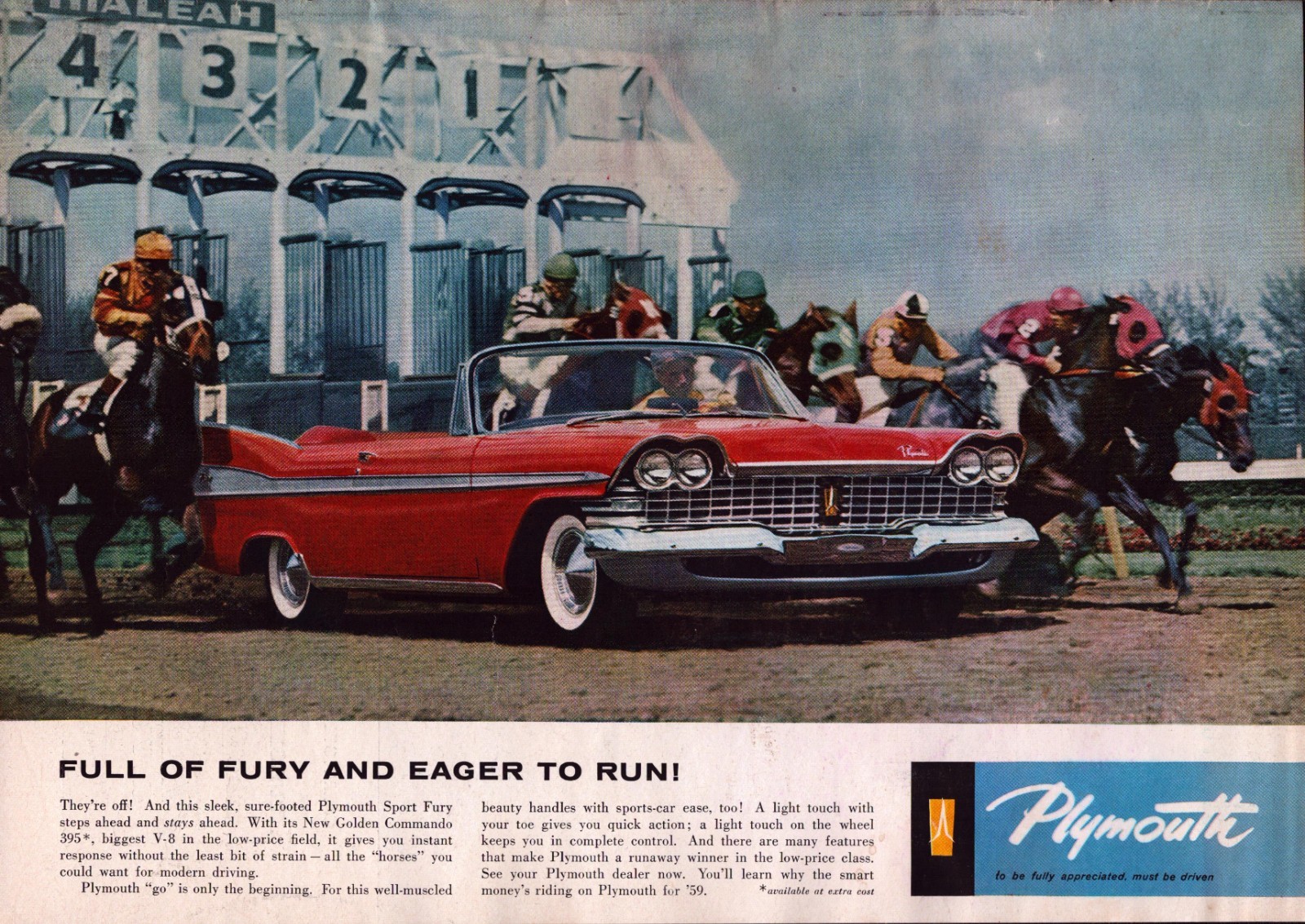 1959 Vintage Print AD – Plymouth Sport Fury – 2 Page Horse Race Track Wall Art
