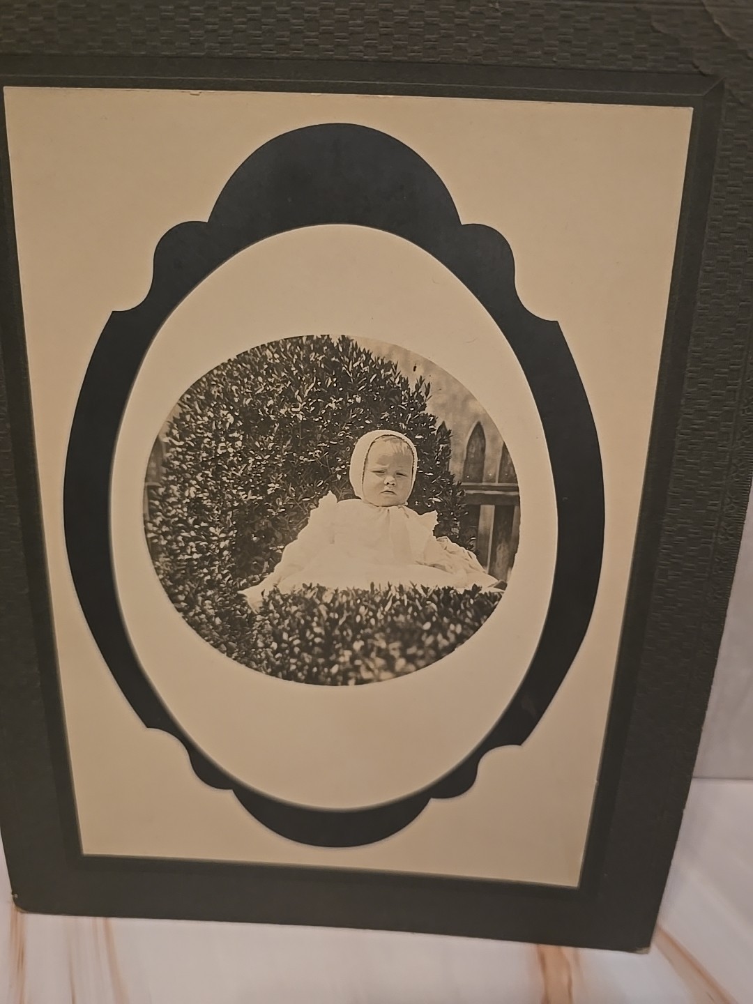 Antique Black And White Photograh Baby Girl Sitting In Flower Bed 5×7