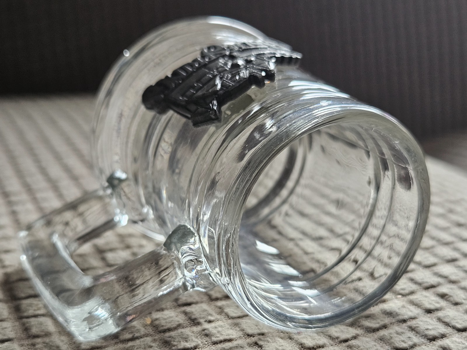 Sm Glass Mug Style Souvenir Shot Glass Pewter Like Emblem Attached CastleSprings