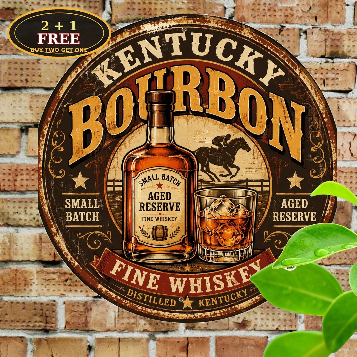 Vintage Bourbon Whiskey Sign Retro Kentucky Distillery Round Metal Plaque 8×8