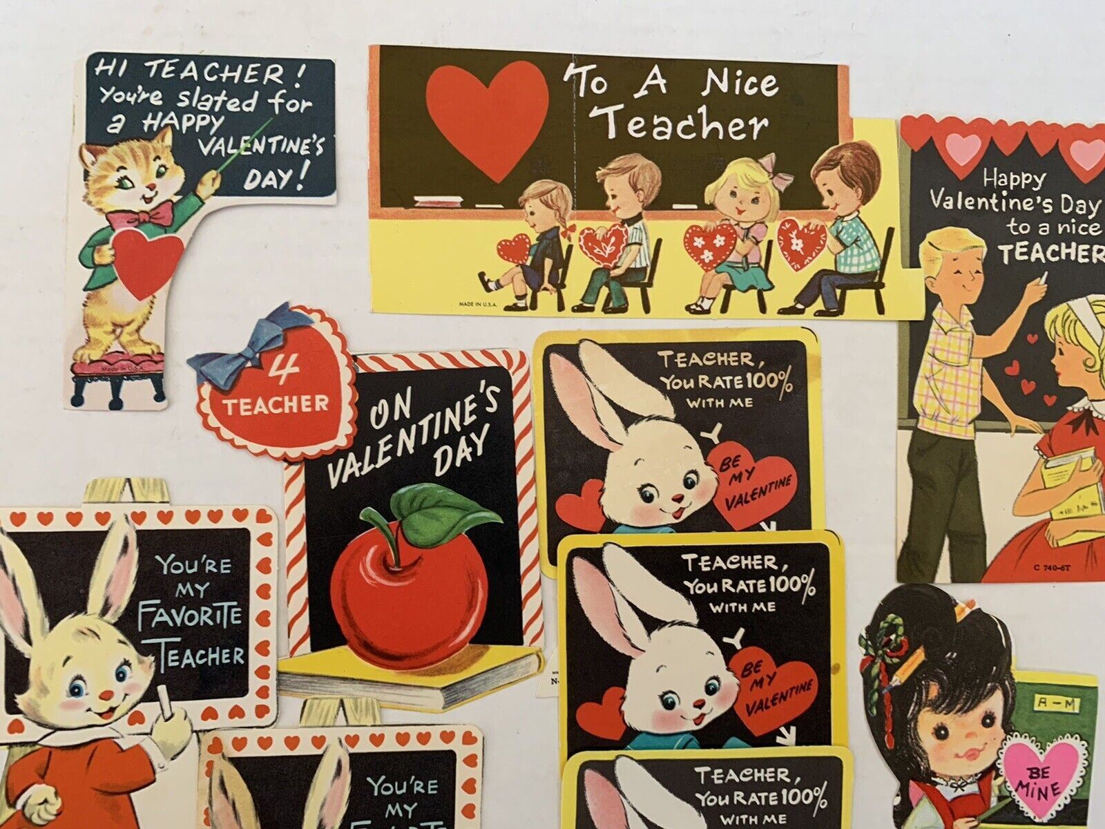 Valentines Day Card Vintage Lot (10) Die Cut Teacher Cards Chalk Board Bunny USA