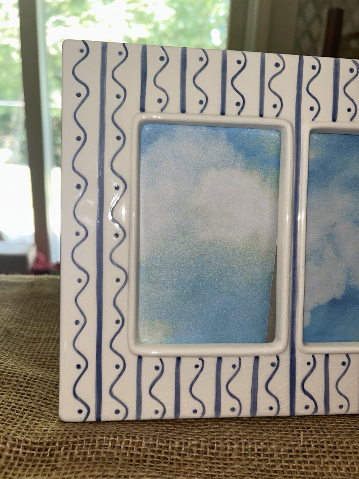 VTG Blue & White Lines Curves Dots 3.5×5 Photo Double Picture Frame 7.5×9.5
