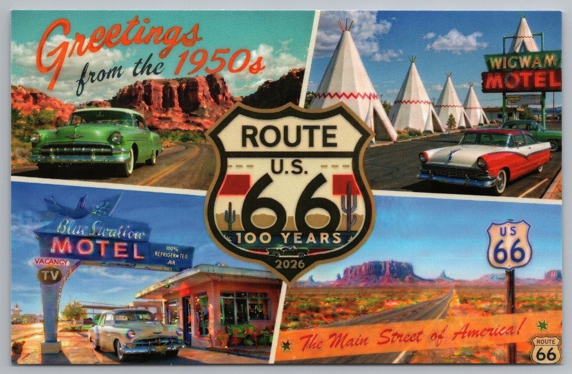 Route Rt 66 Centennial 100 Years Greetings 1950s New Postcard