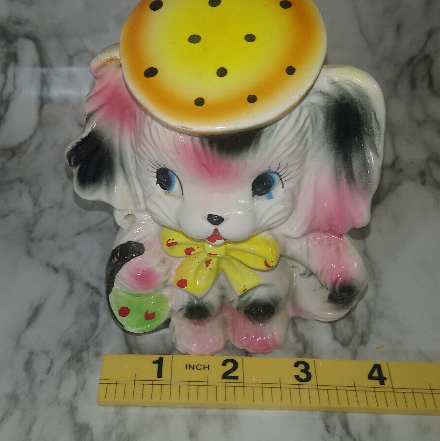 Vtg Anthropomorphic Dog Japan Ceramic Figurine Pink white black w Yellow Hat Bow