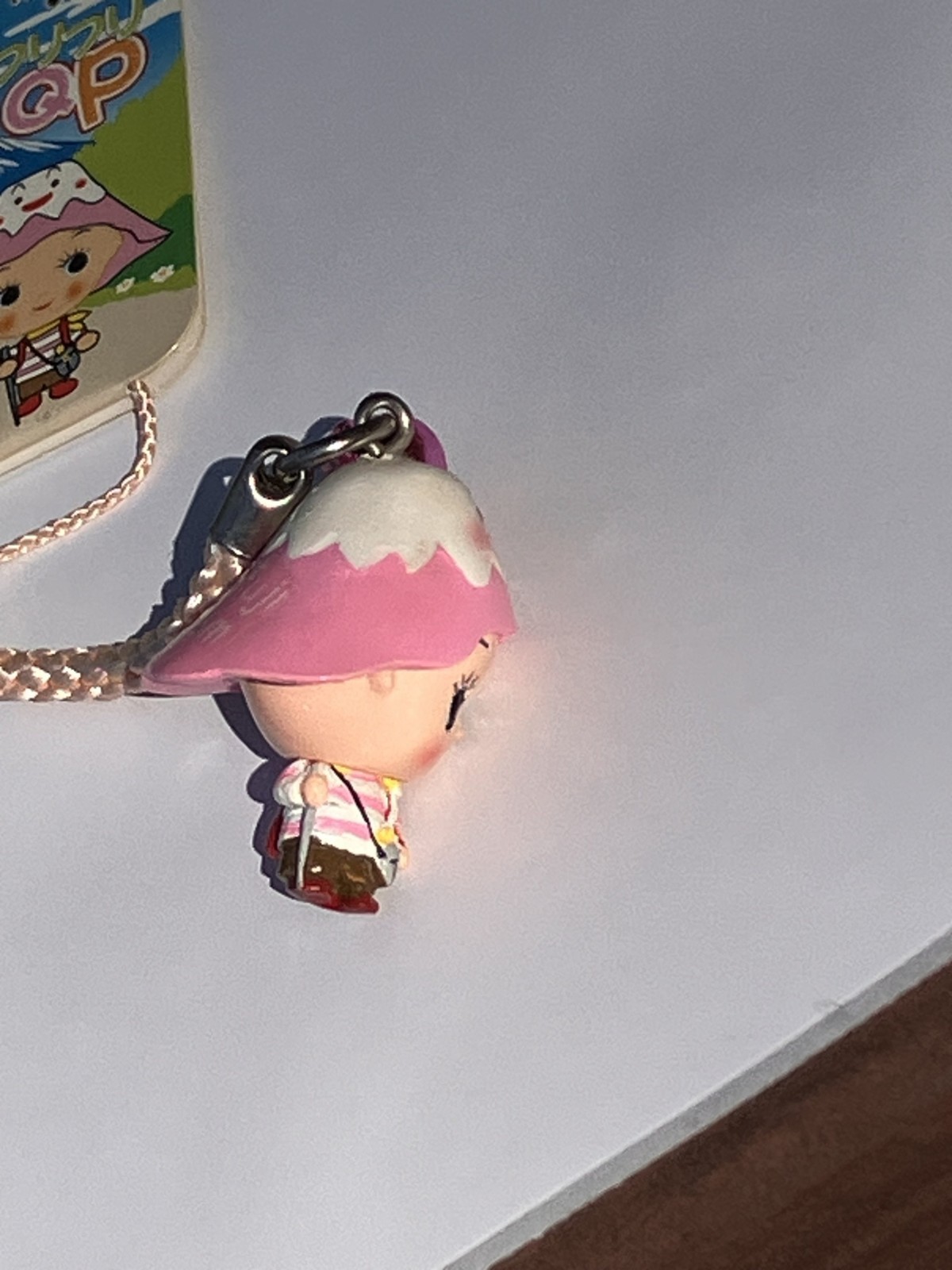 Vintage QP Brand Kewpie Mt Fuji Pink Hat Mascot Bobblehead Strap Charm US SELLER