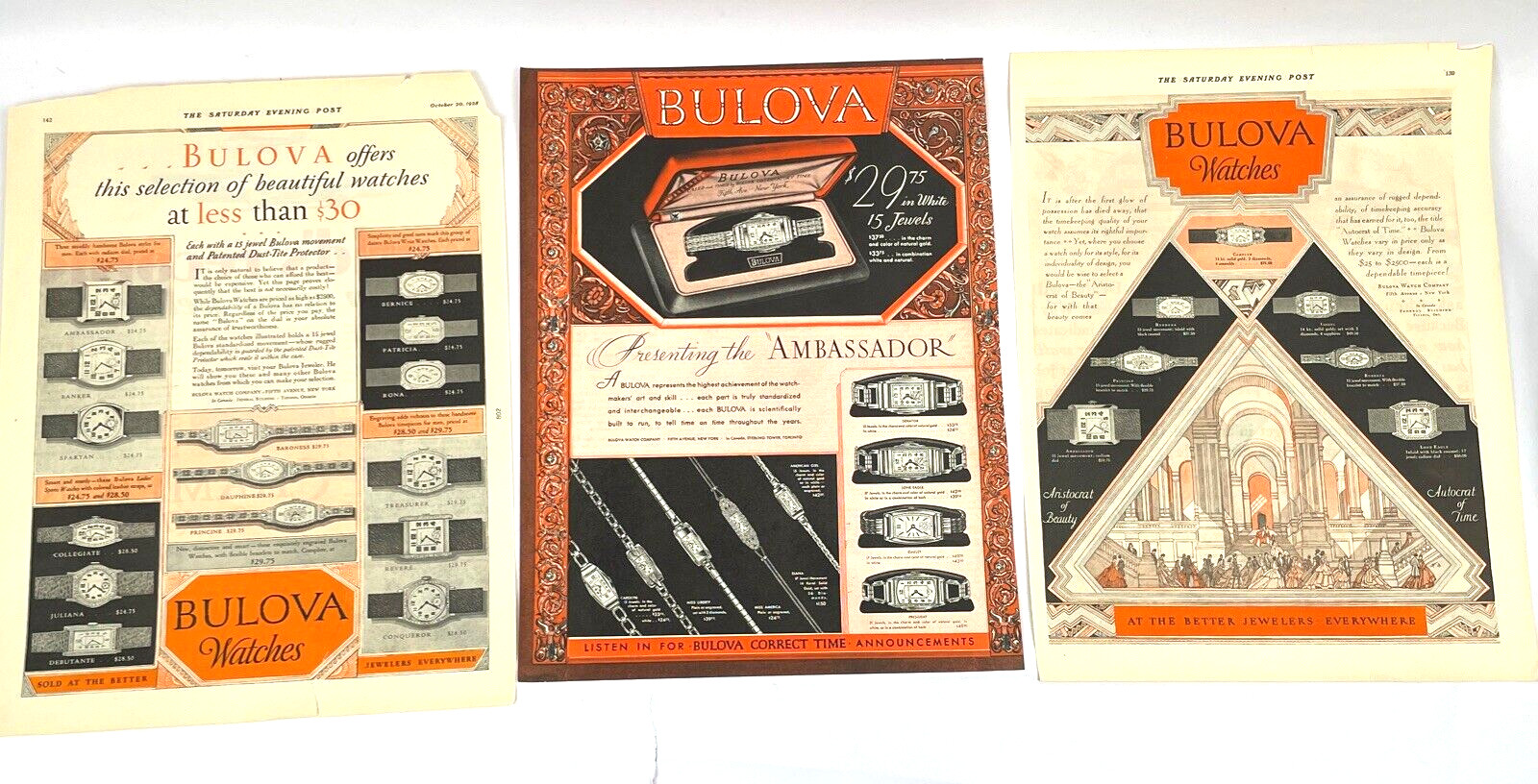 Vintage Bulova Watch Ad Lot 3 Art Deco Advertisement 14×10