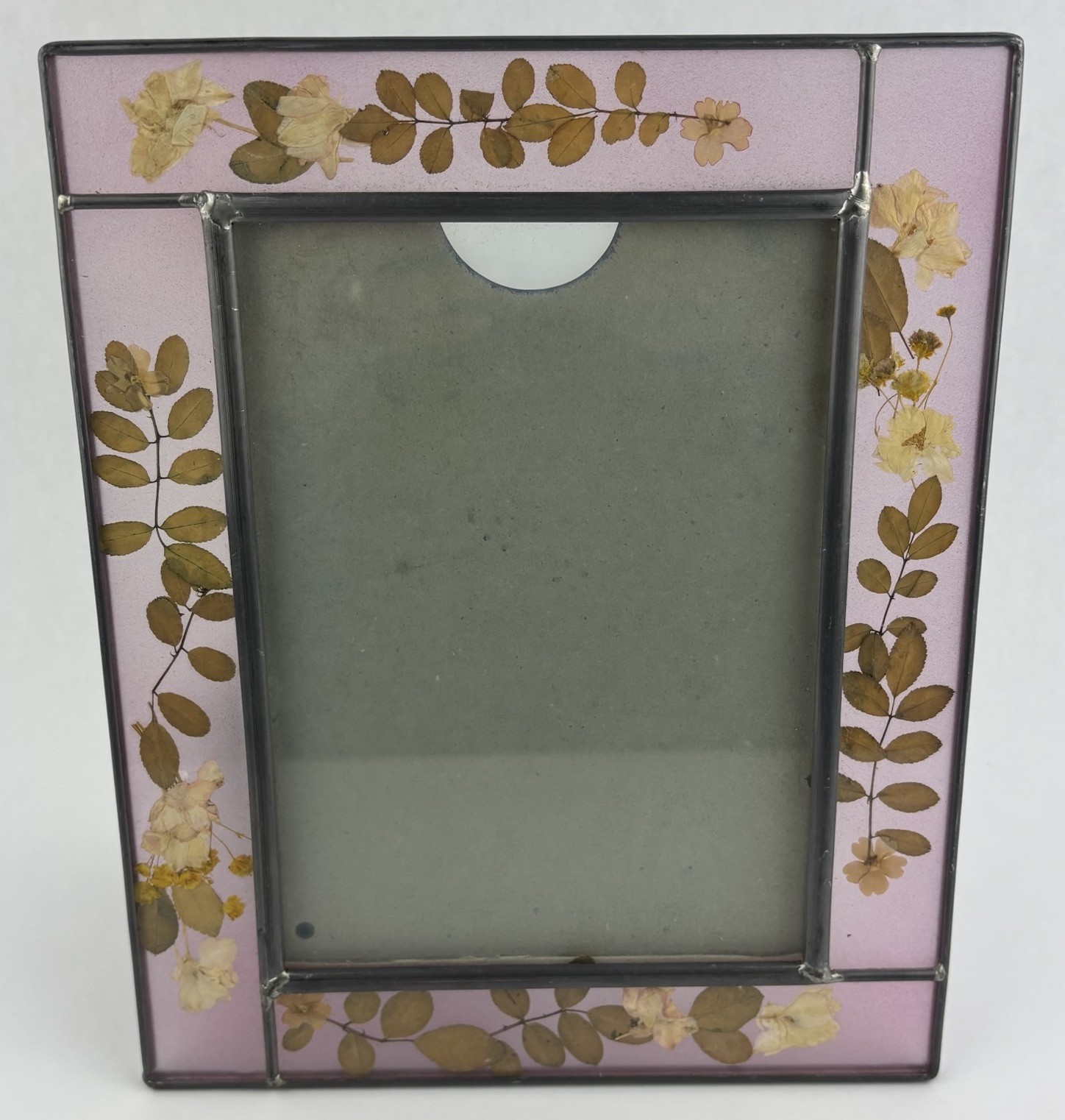Leaded Glass Picture Frame With Dried Flowers 9.5×7.5 Holds 5×7 Photo Pink Purpl