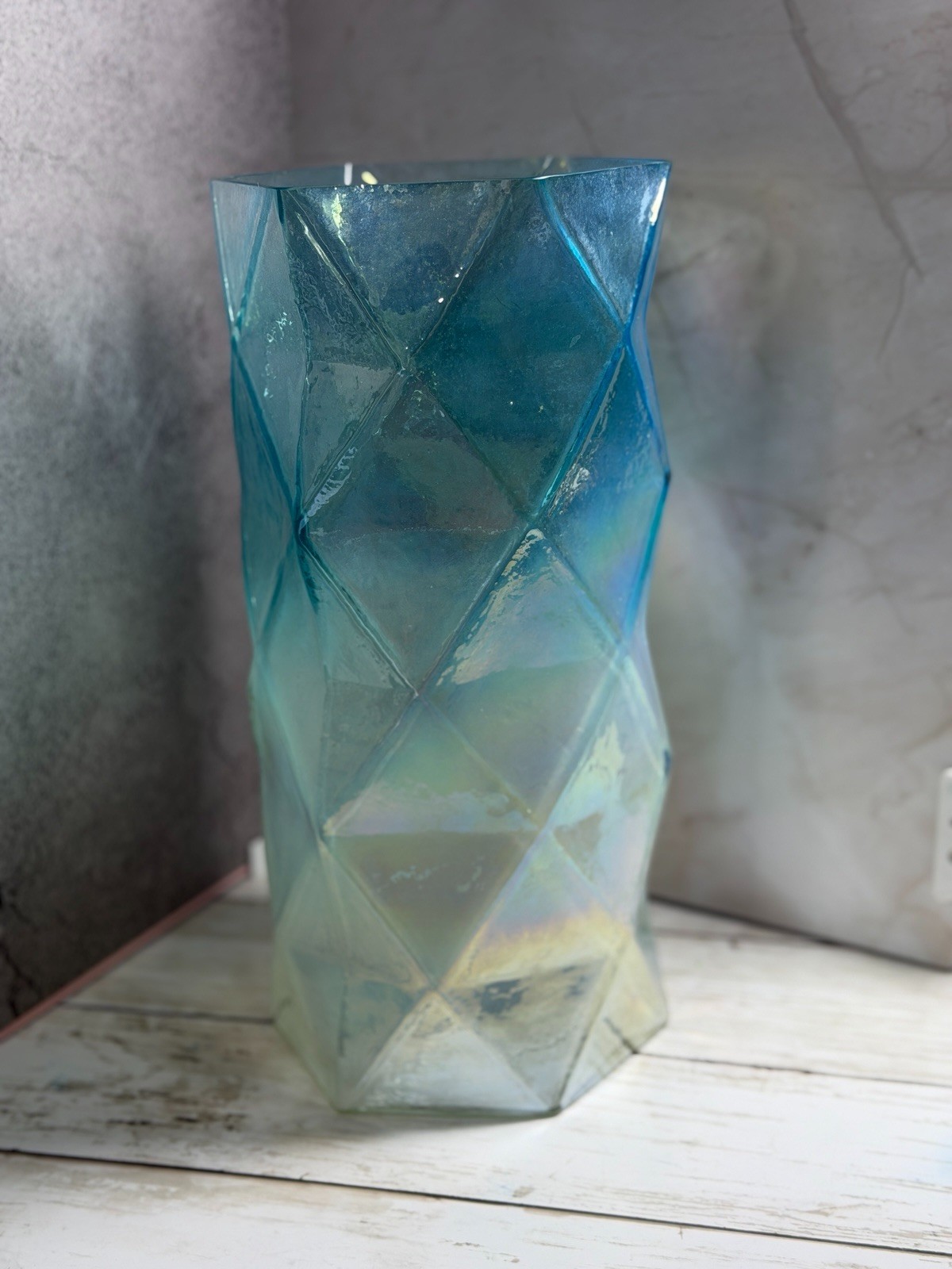 Pier One Tall iridescent blue geometric glass vase Ombré Fade 11.5”