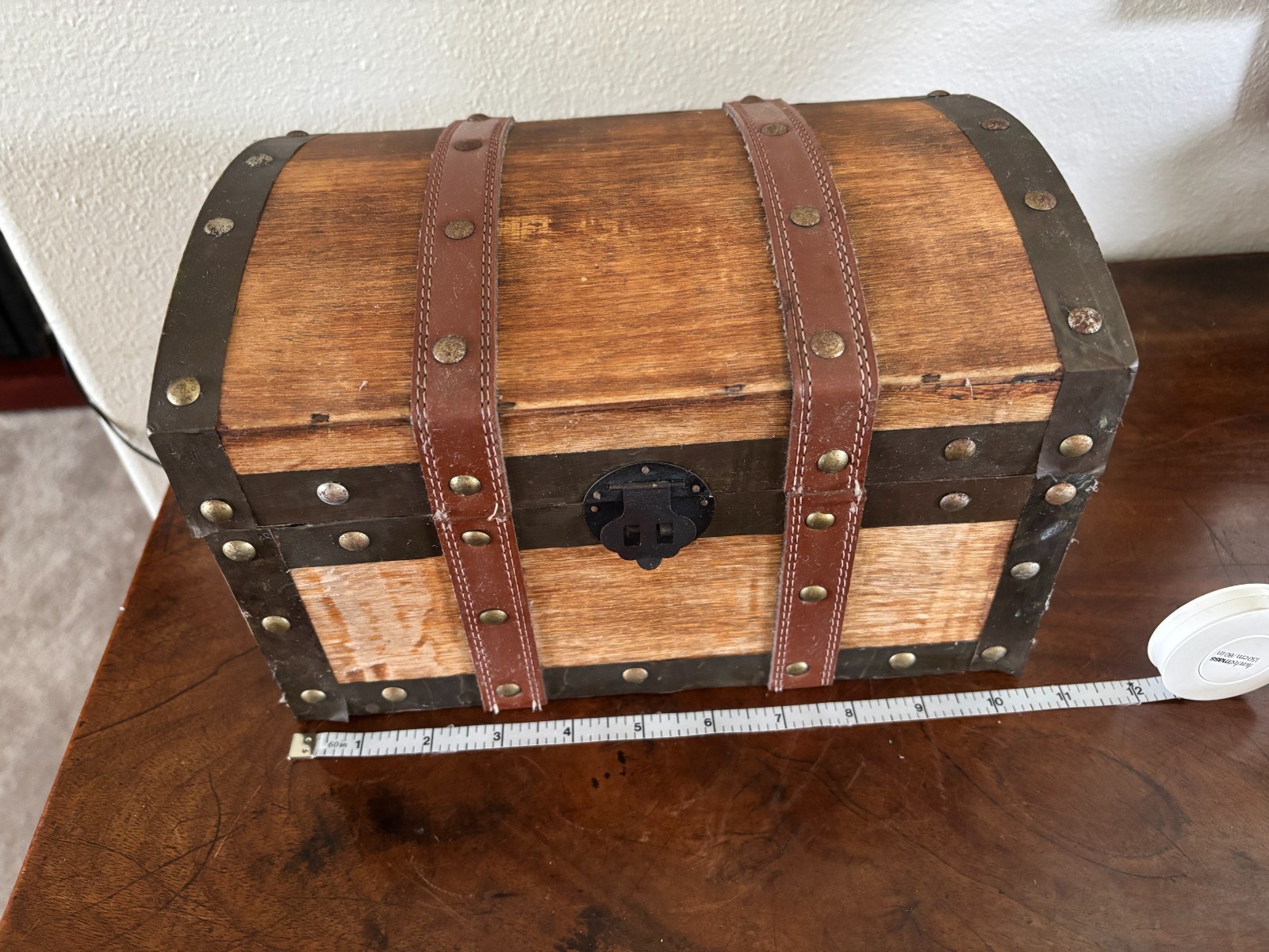 Vintage Handmade Wooden Chest With Metal & Leather Straps 10.5″x7″x6″