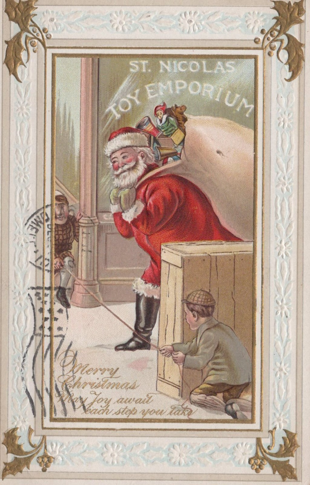 Christmas St Nicolas Toy Emporium Sack Boys Tripping Santa 1911 postcard H327