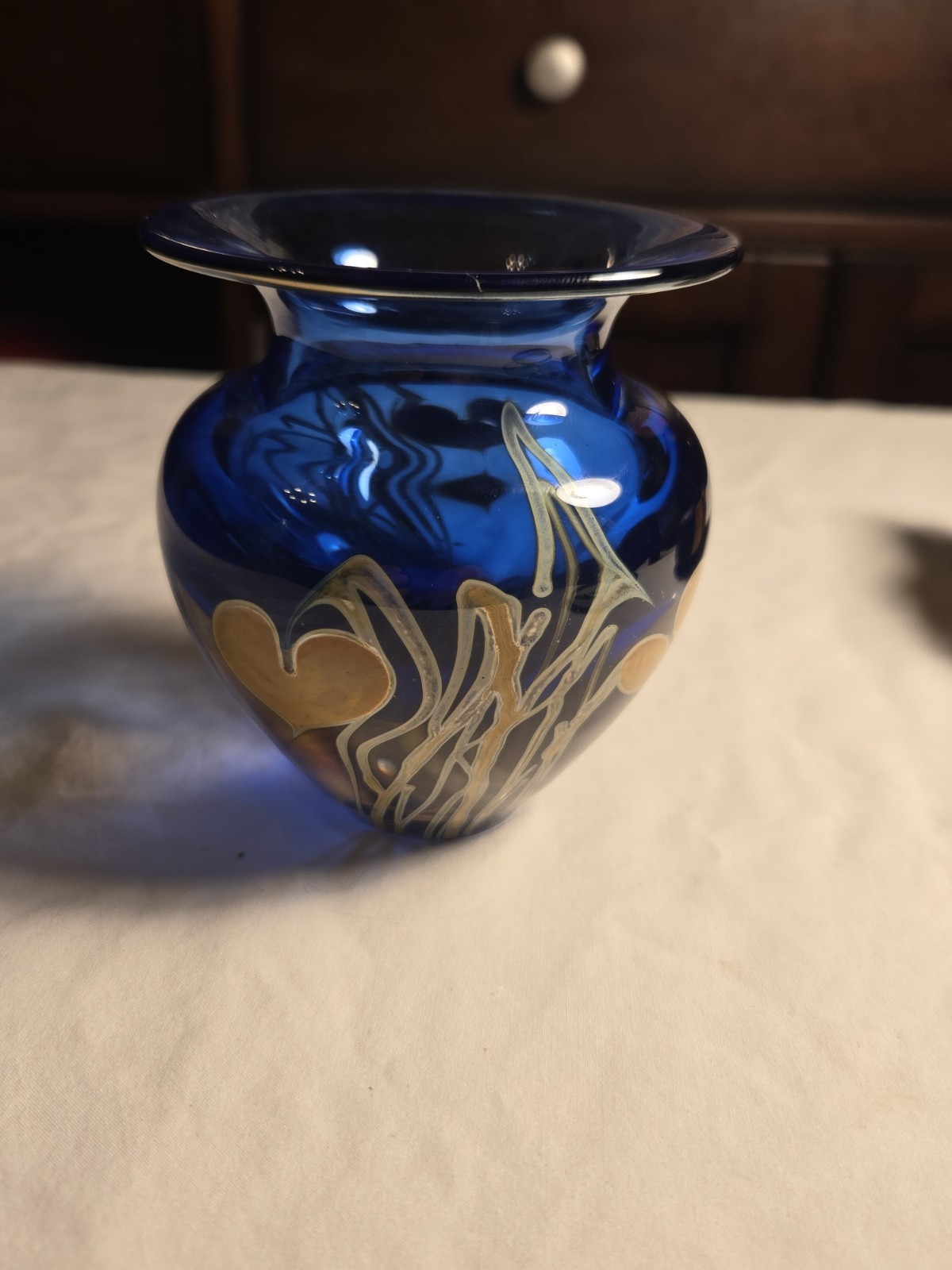 Signed 1994 Hand Blown Cobalt Blue Art Glass Vase Gold Enamel Hearts