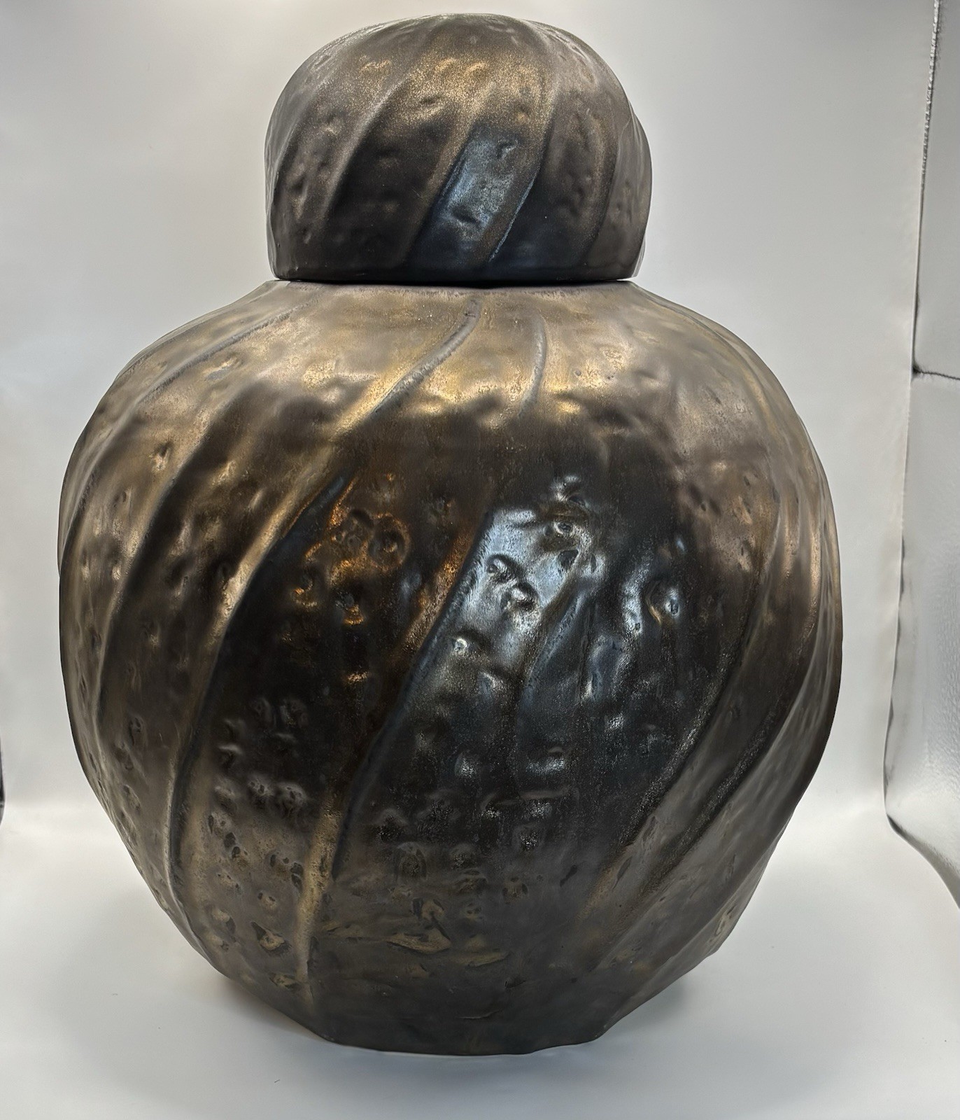IMAX Ceramic Ginger Jar Vase Lid Faux Bronze Brass Swirl Urn Heavy Decor 15”