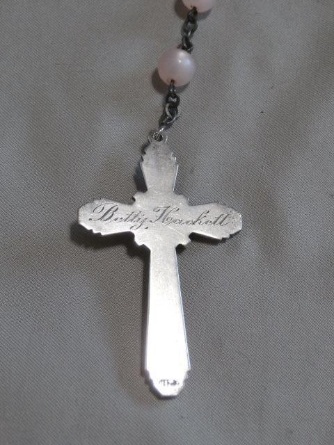Pink Opalescent Plastic Round Bead Rosary Sterling Engraved Crucifix w/ Pouch