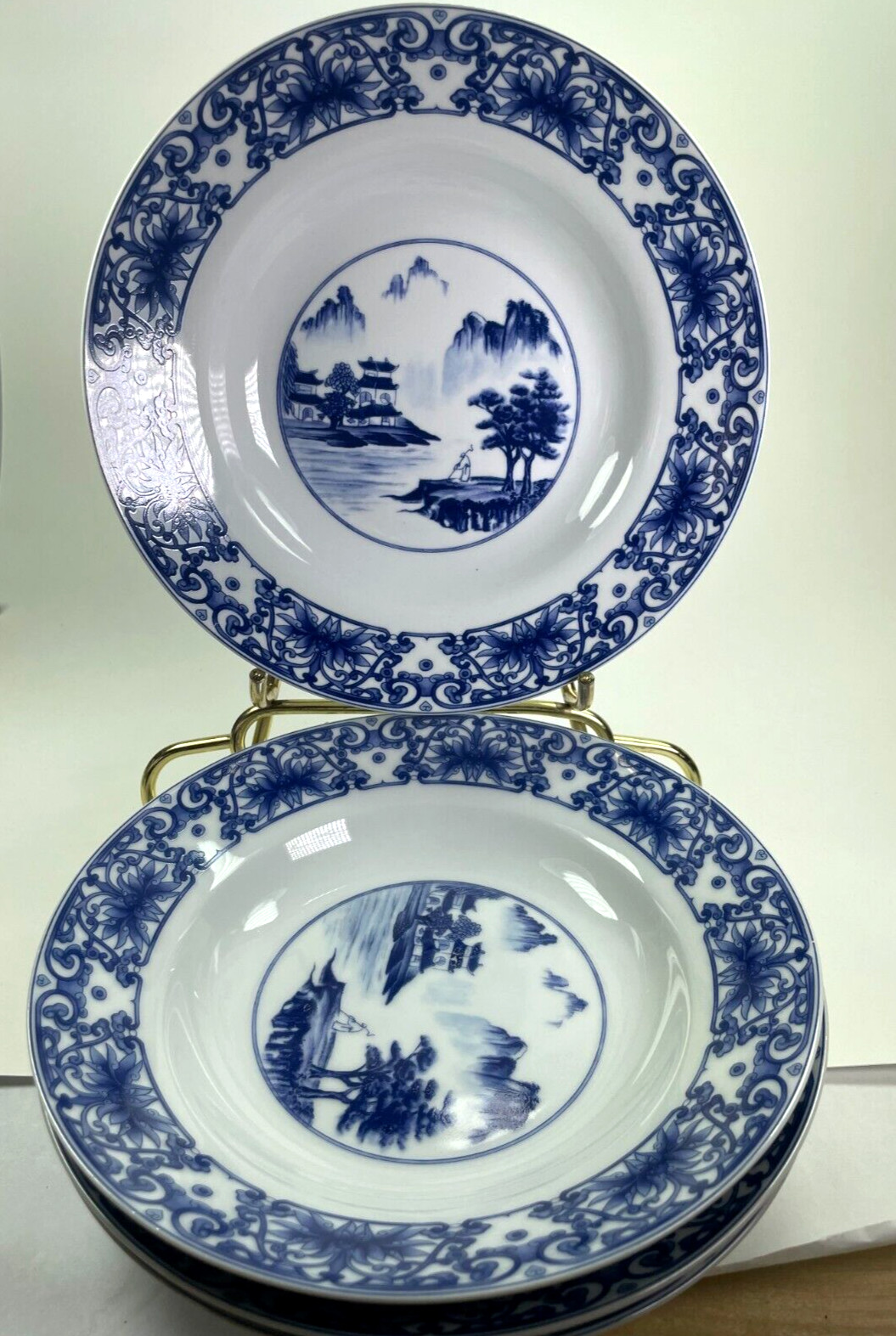 China Canton Blue Coupe Soup Bowls Mountain View 8″ Discontinued Set of 4 c95