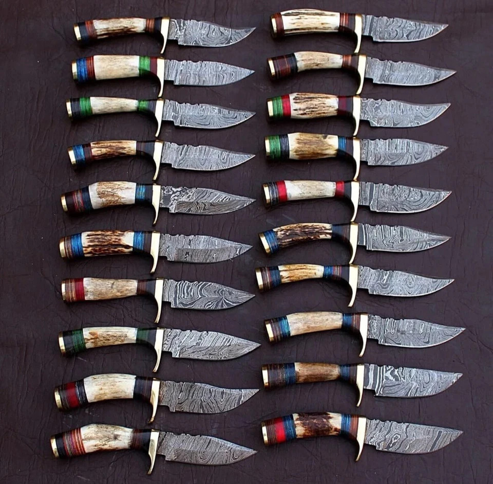 Lot of 20 Damascus Steel Handmade 6“ Skinner Hunting Stag Horn knives W/Sheaths