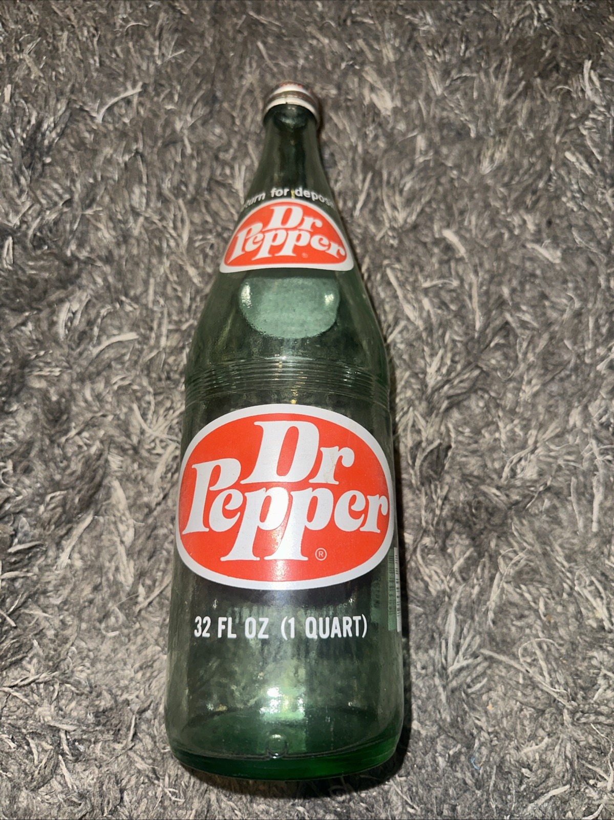 Vintage Dr. Pepper Green Glass Large 32 Ounce 1 Quart Money Back Bottle Empty