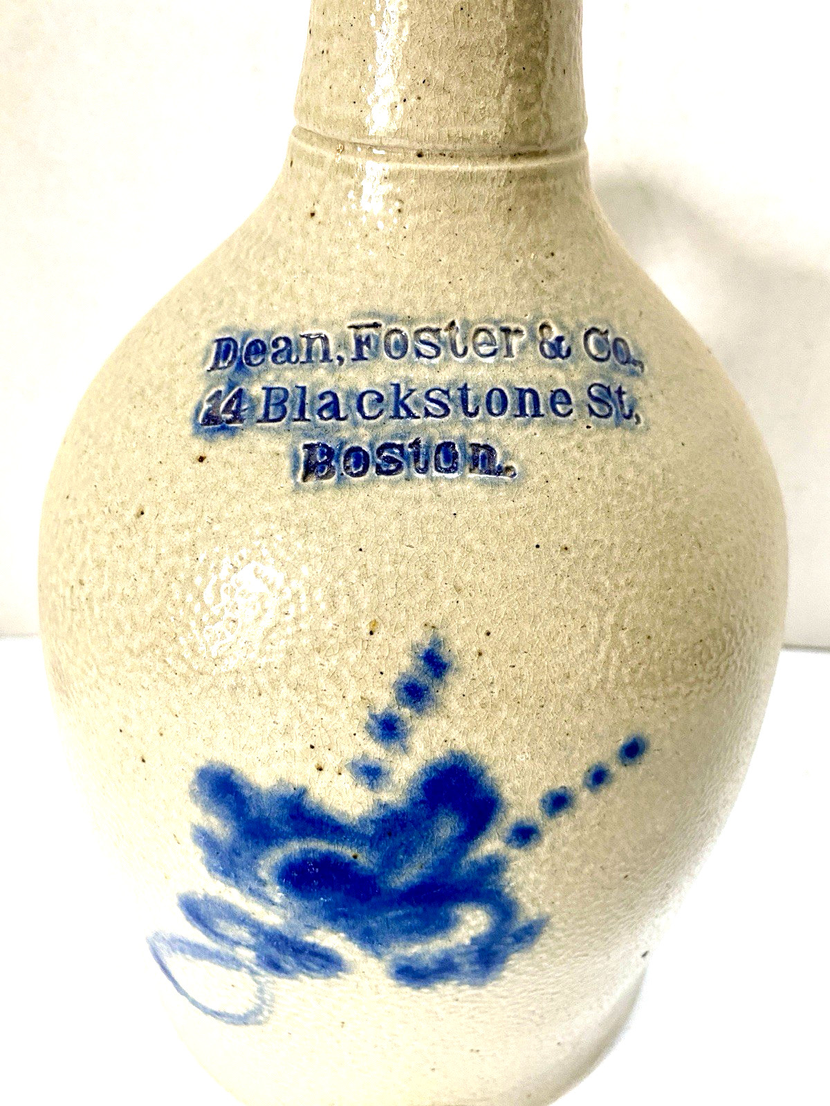 Vint. Stoneware Pottery Dean Foster & Co., 1 gal. Jug/Crock Cobalt Floral Design