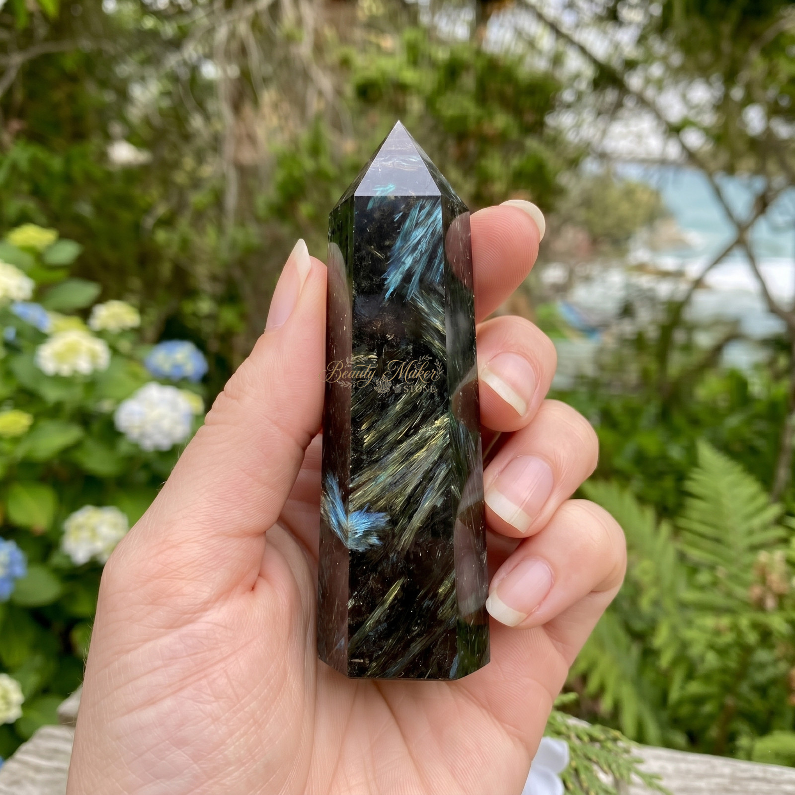 Natural Rare Arfvedsonite Tower Crystal Point Hexagon Wand Obelisk Decor 3-3.5″