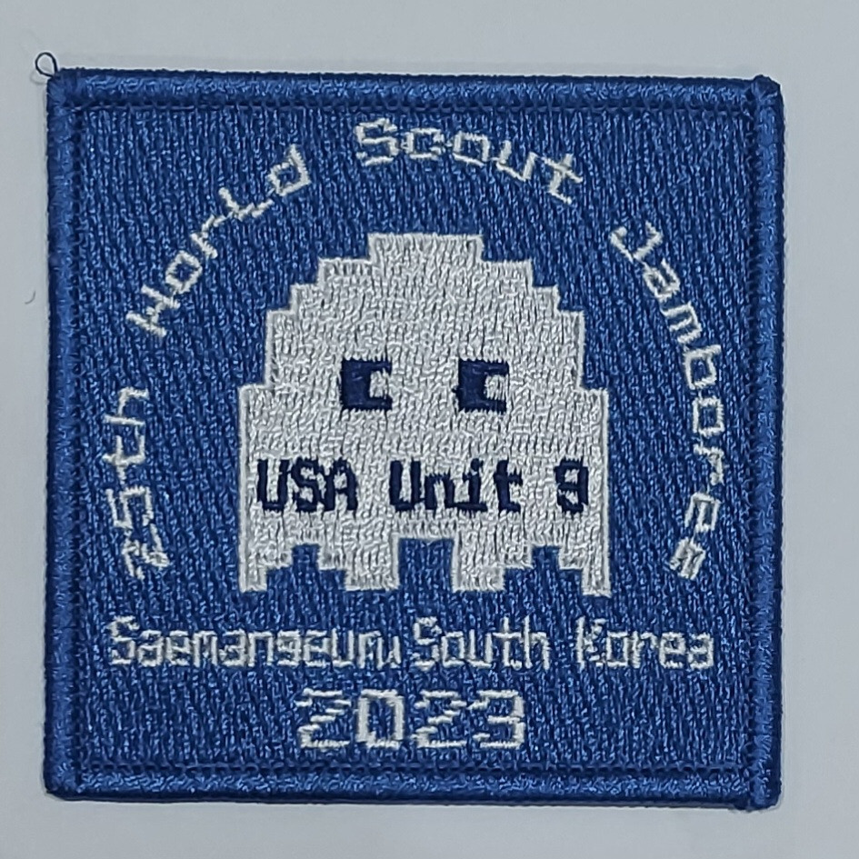 2023 World Scout Jamboree USA Unit 9 Single Patch White Ghost on Blue Square