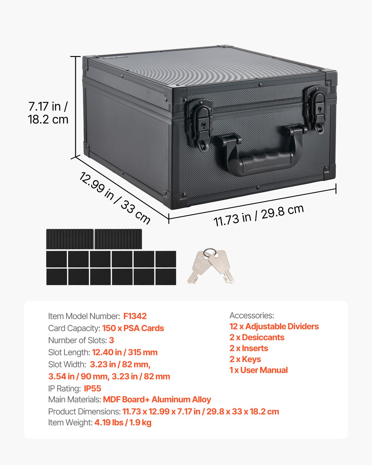 VEVOR Graded Card Case 3 Row 150 PSA Slab Storage Box with Lock Key 12 Dividers