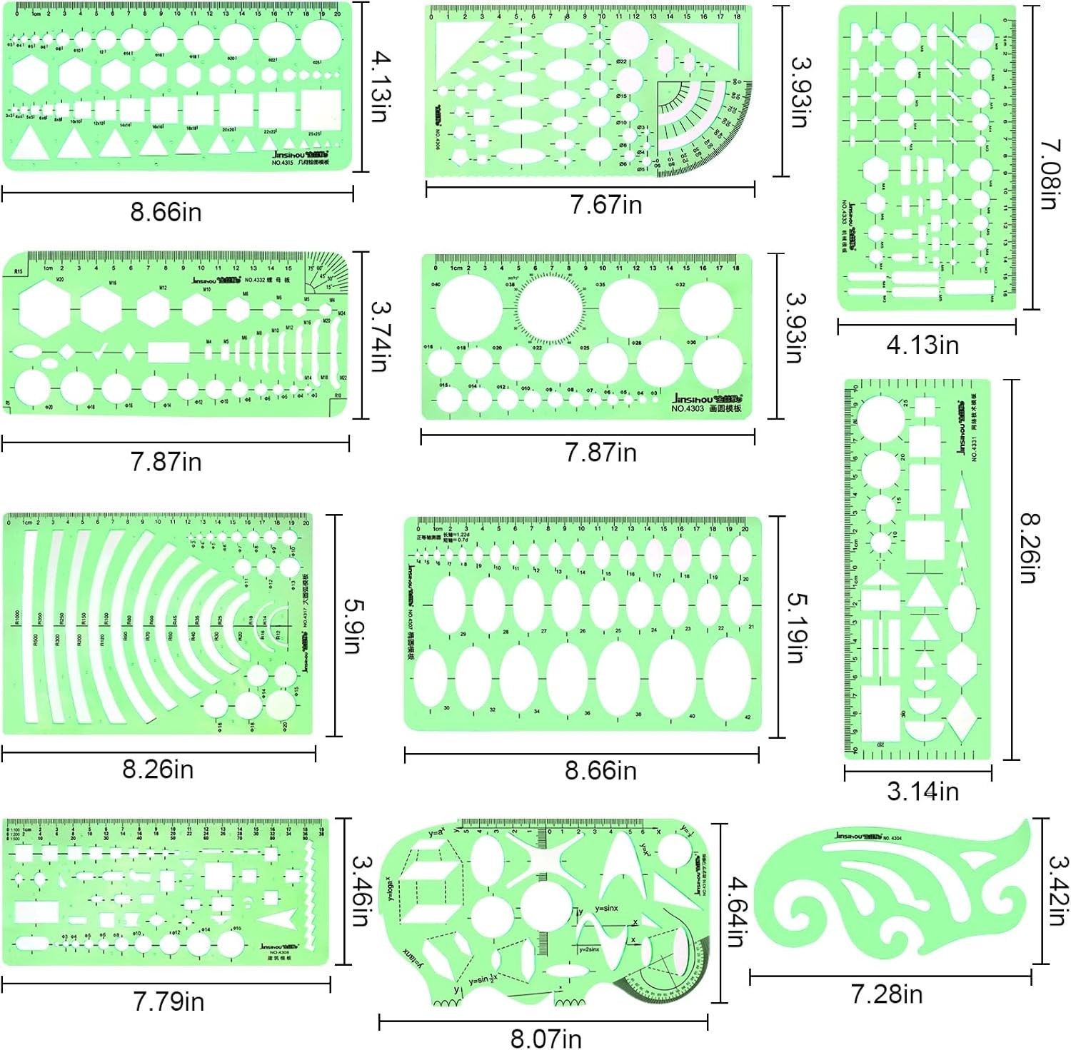11PCS Geometric Drawing Templates Drafting Stencils Measuring Ruler Set for Desi