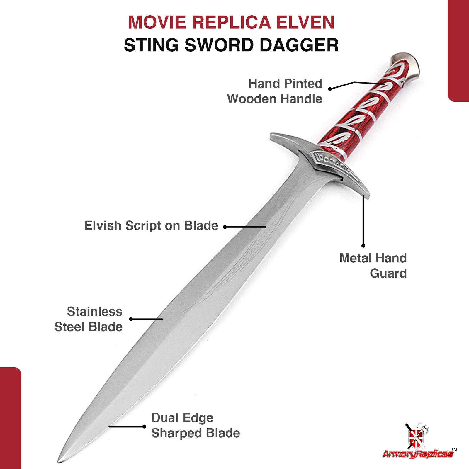 MOVIE REPLICA ELVEN MADE POLISHED STEEL STING SWORD DAGGER TROLLS HOARD LOOT 22″