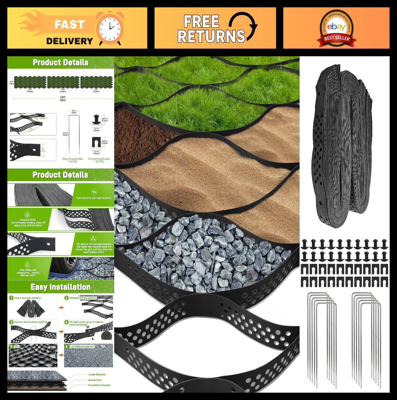 Gravel Grid 4×33 FT-2″ Depth HDPE Geo Grid 1885 lbs Per Sq Ft Load with U-Shaped