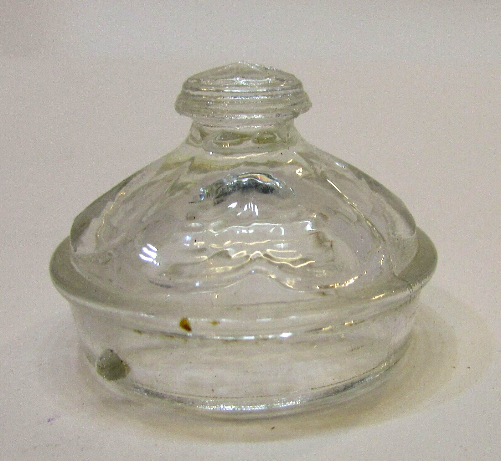 Tiny 1.25′ dia Old Round Clear Glass Lid w Knob for Small Vanity Jar Bottle ?