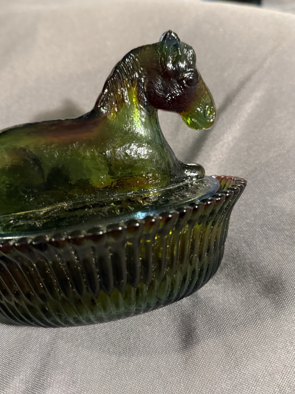 Vintage Rubina Nesting Horse on Nest Iridescent Multi Color Carnival Art Glass