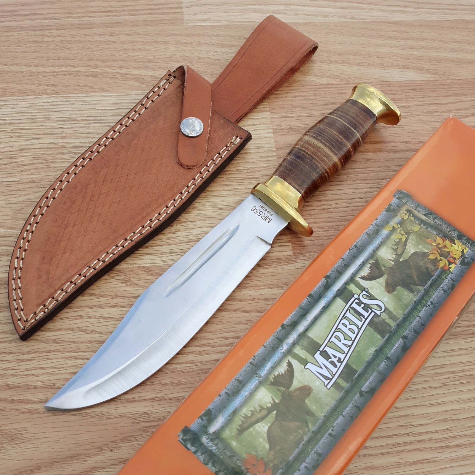 Marbles Bowie Knife 7″ Stainless Clip Point Blade Stacked Leather Handle wSheath