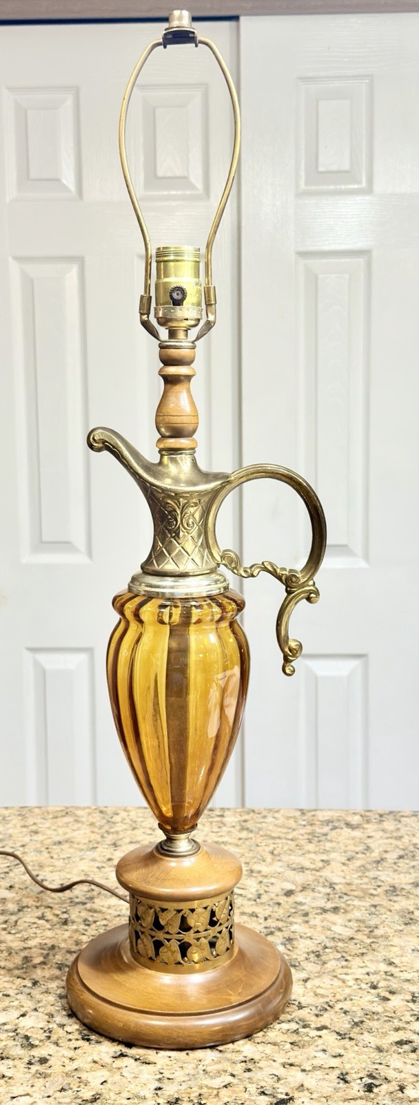 Vintage 60’s Amber Glass Ewer Lamp Brass Genie Style 29” Hollywood Regency