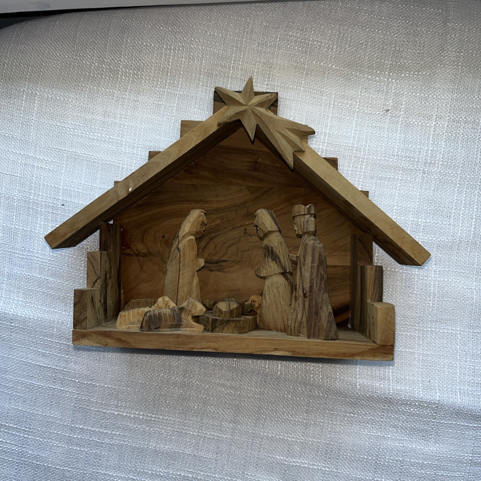 Carved Wooden Nativity Set Stable Shooting Star Manger Olive Wood Hand Crafted