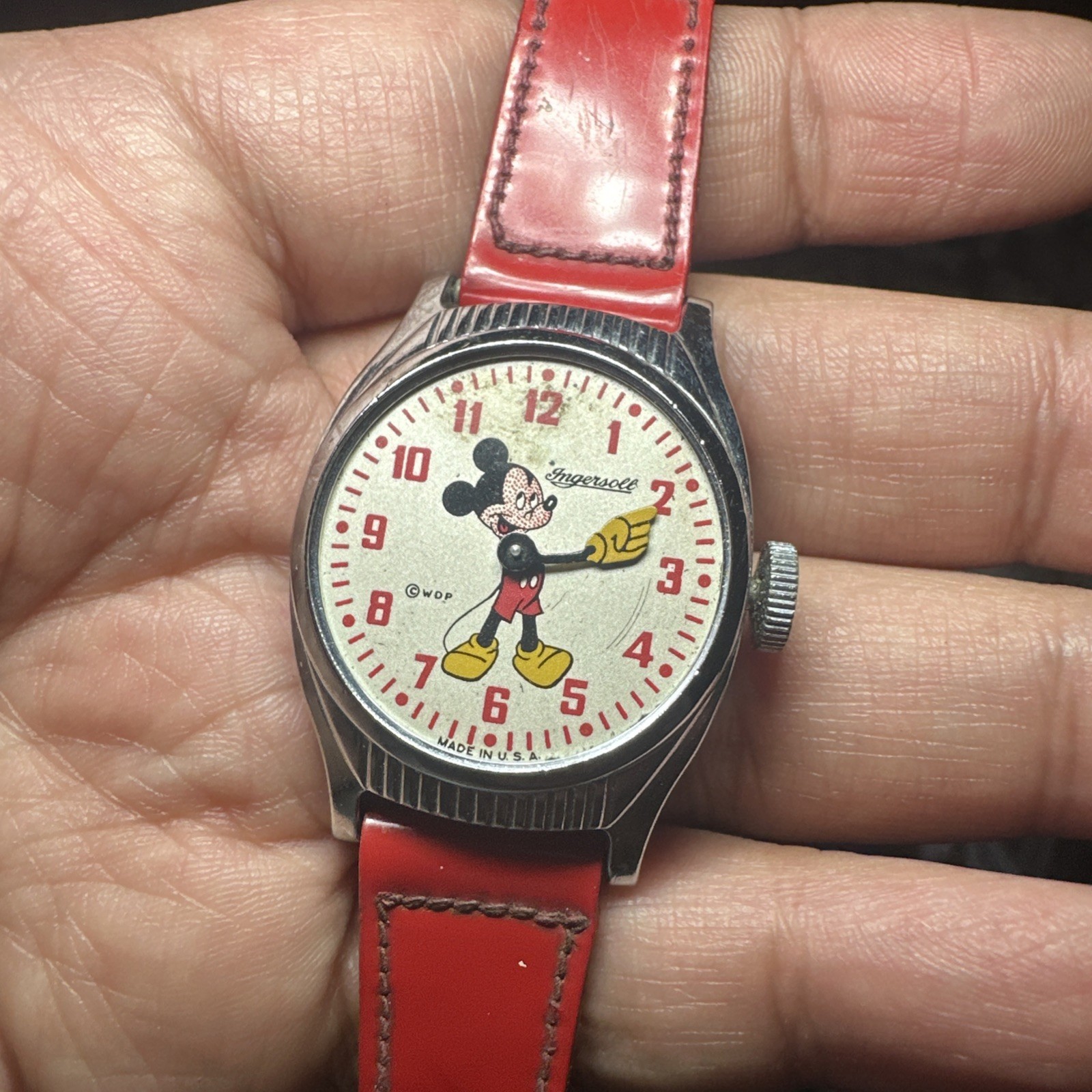 VINTAGE INGERSOLL Disney MICKEY MOUSE 29mm Unisex WATCH RARE 1940s -Repair