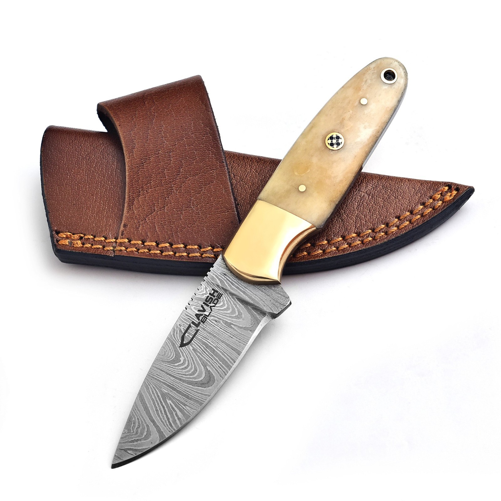 Handmade Damascus Skinner Knife Bone Brass Handle Mosaic Pin Fixed Blade Leather
