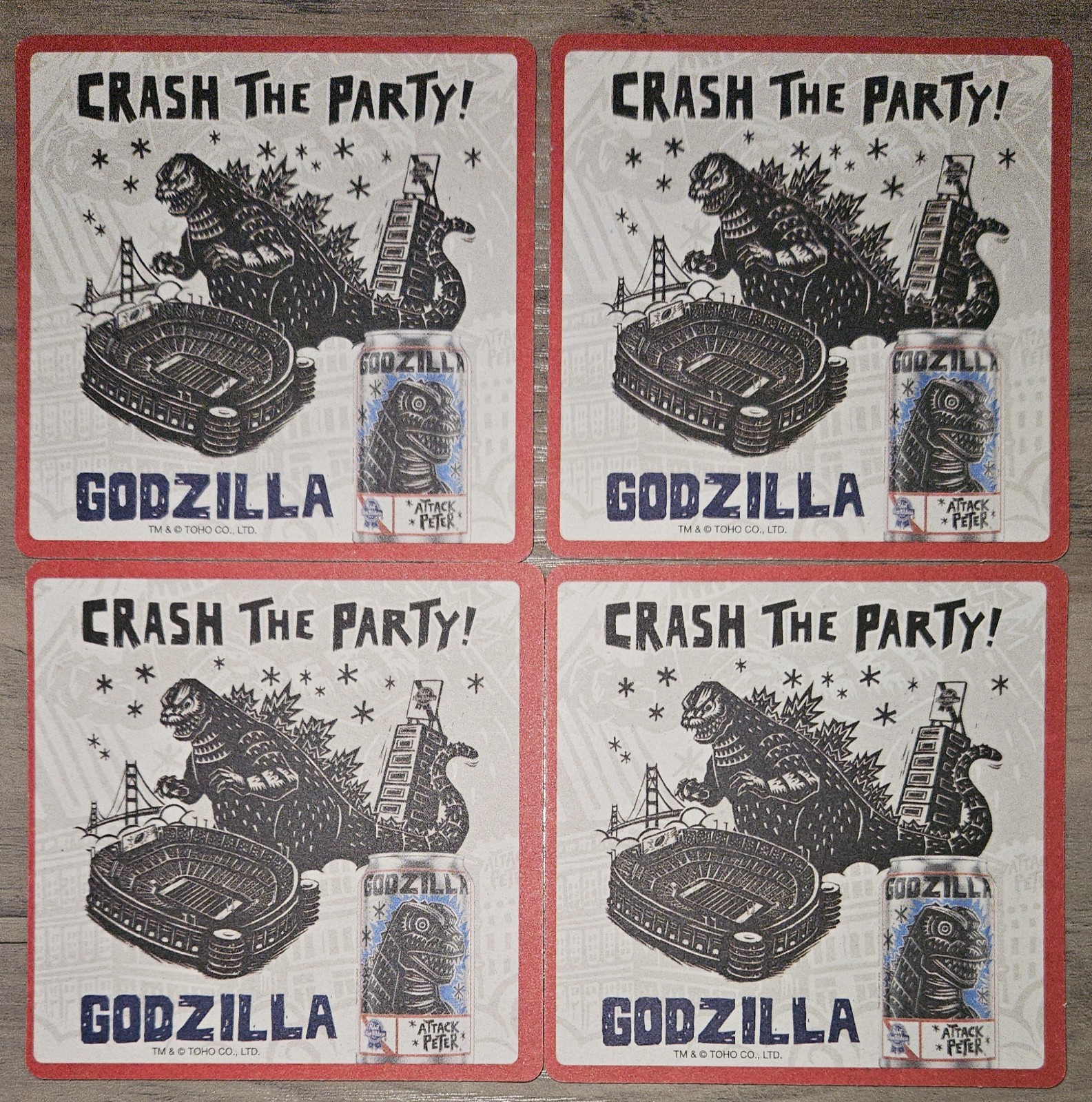 4 Coasters Godzilla X Pabst X Attack Peter Authentic Collab