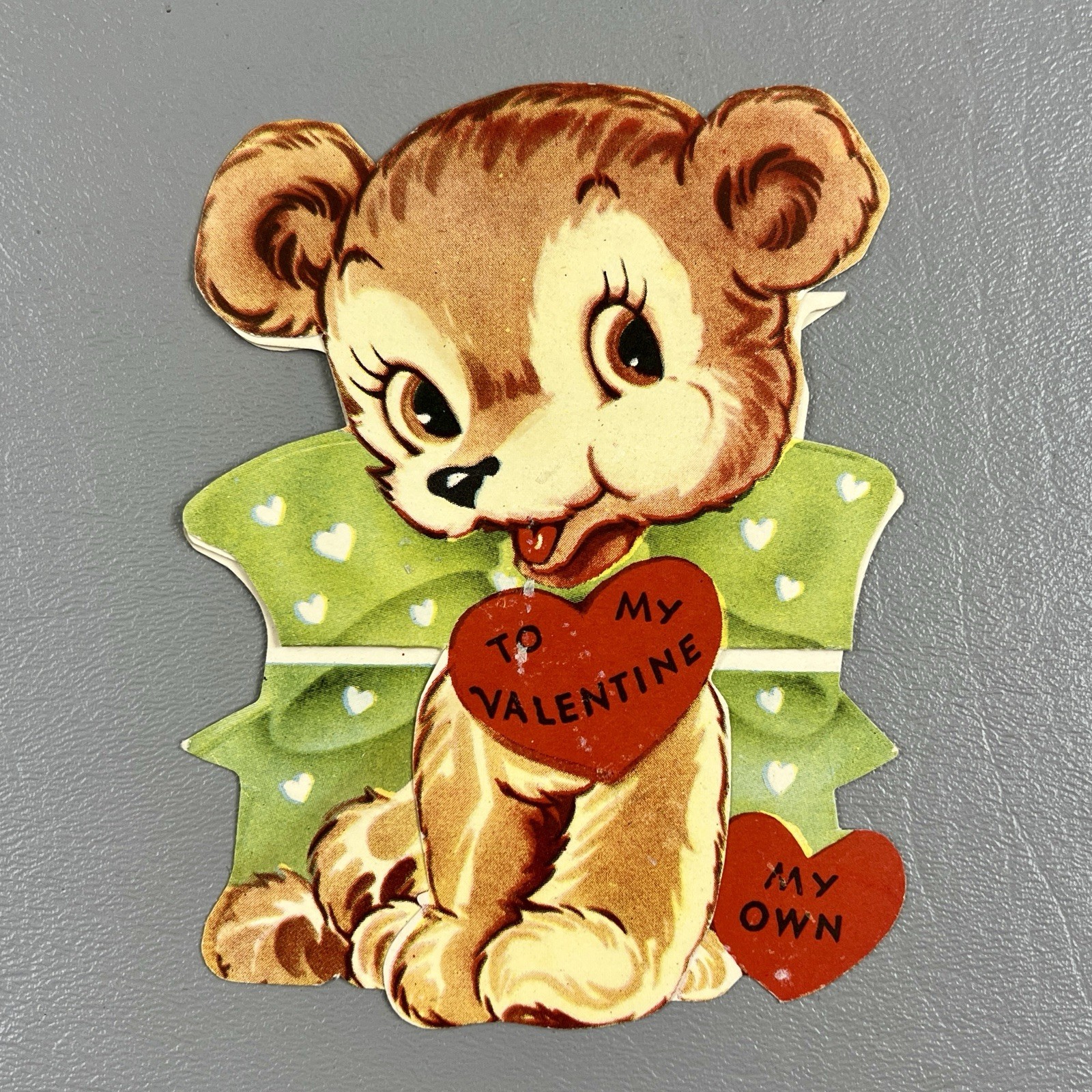 Vintage Valentine Card Die Cut Bear Hearts Bow Fold Out A-Meri-Card USA