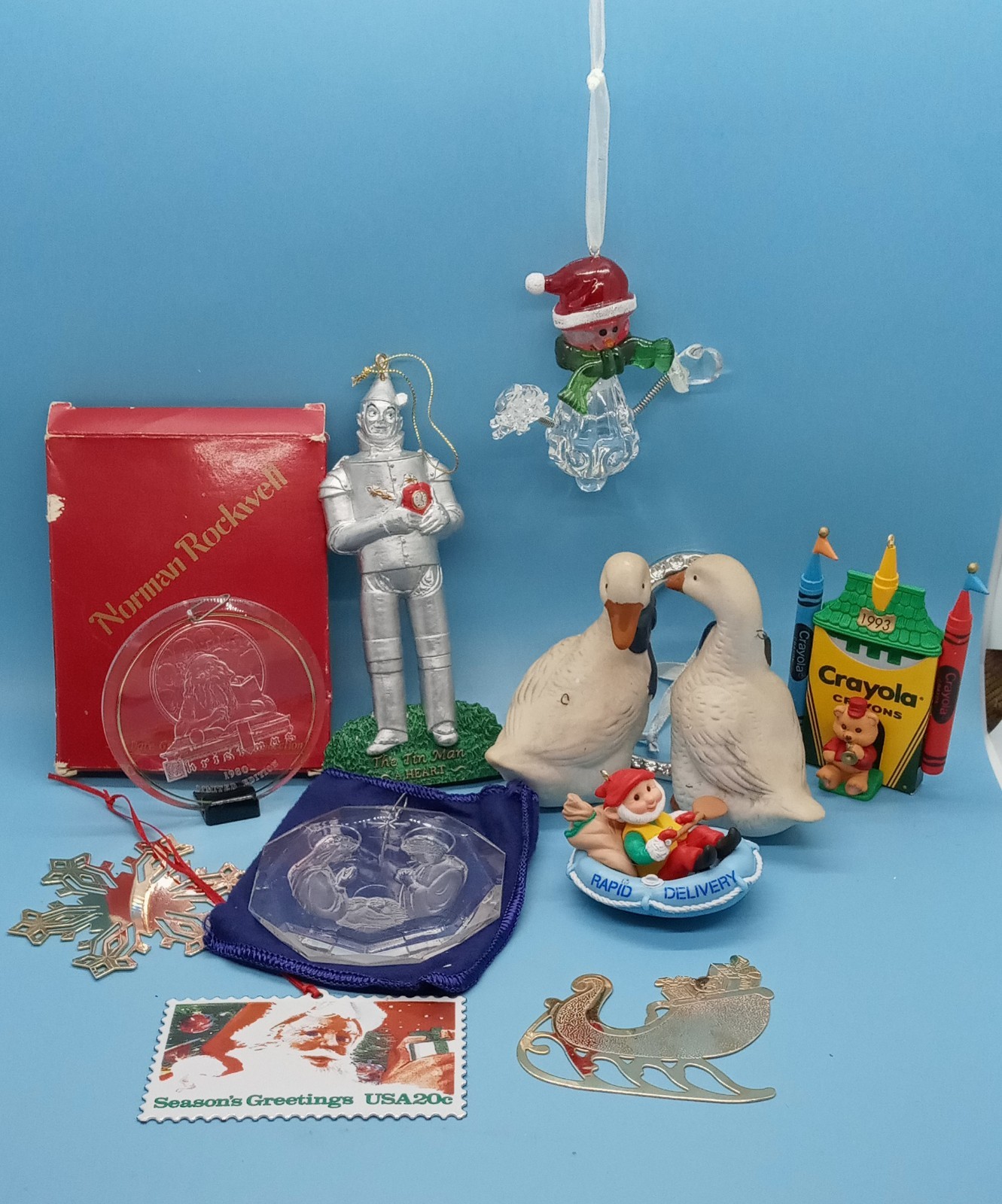 12 VTG Christmas Ornaments From 80s & 90s; Mixed Materials/Tin Man/ Geese/ Metal
