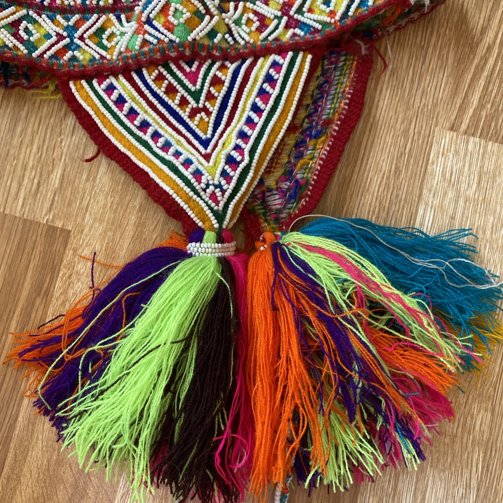 VTG Peruvian Chullo Andean Beaded Hat Handwoven Multi-Color Geometric Design