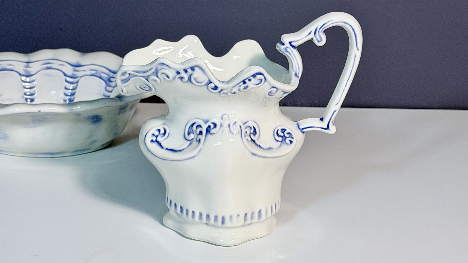 Vintage Arnels Blue White Pitcher & Basin Bowl Set Mid Century Farmhouse