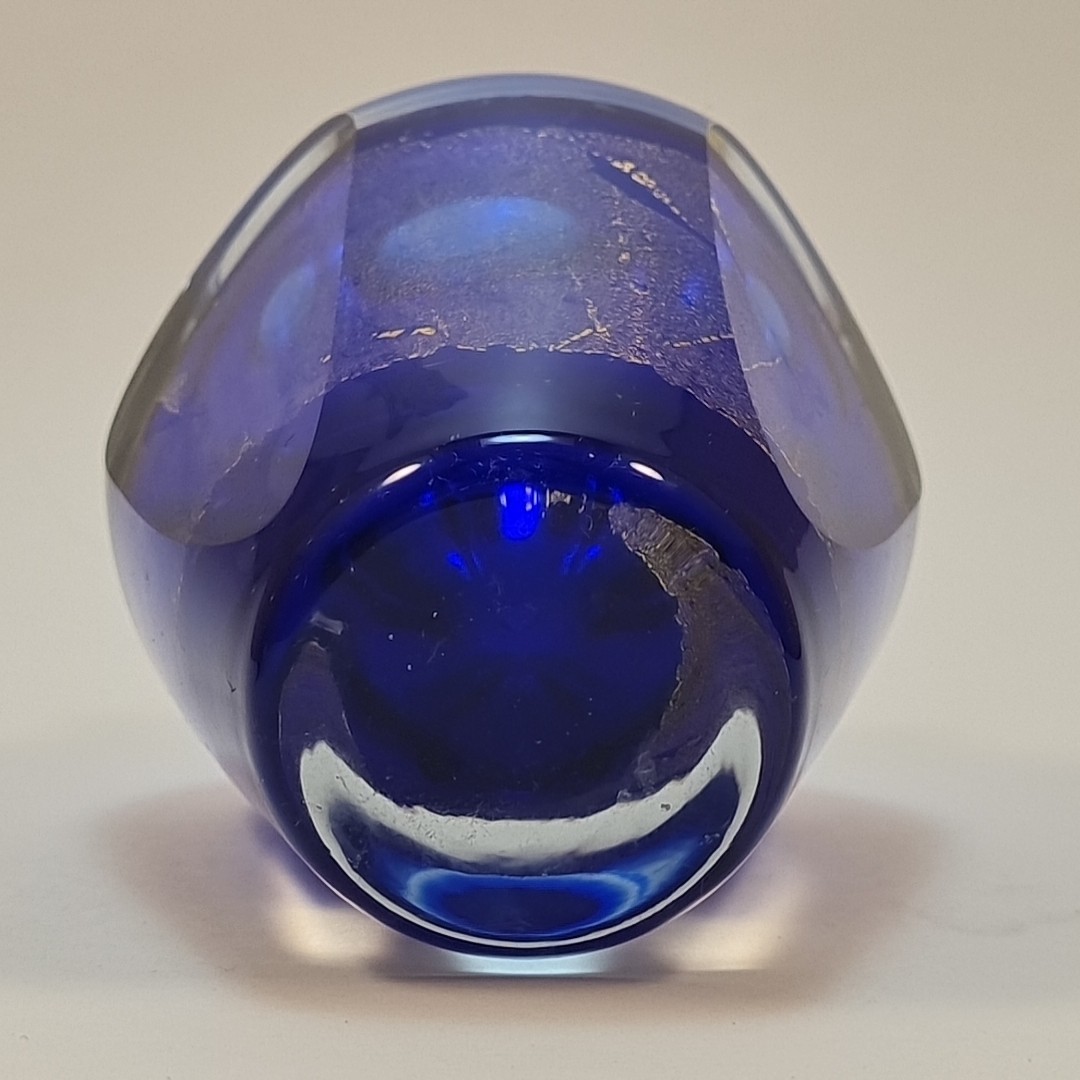 Cobalt blue perfume bottle decanter with gold shimmer & orb stopper 4.25in