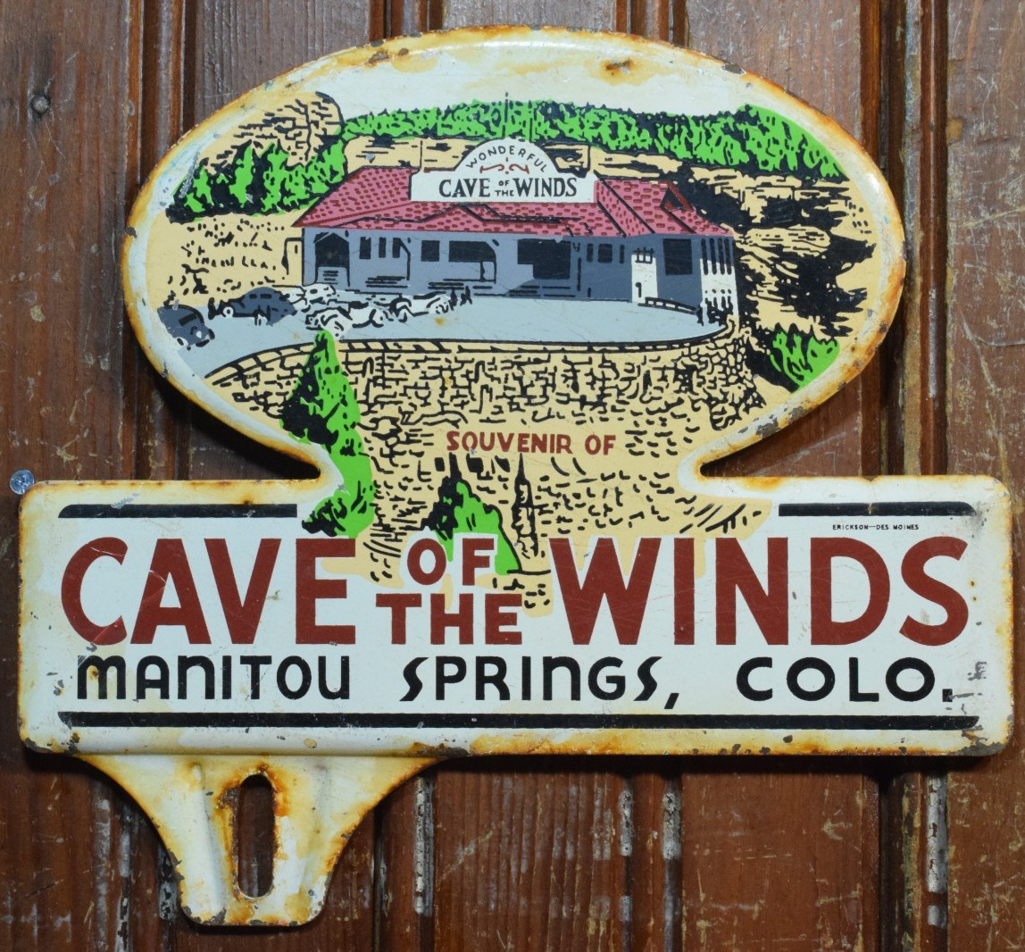 CAVE OF THE WINDS MANITOU SPRINGS STAMPED PAINTED METAL PLATE TOPPER SIGN 1950s