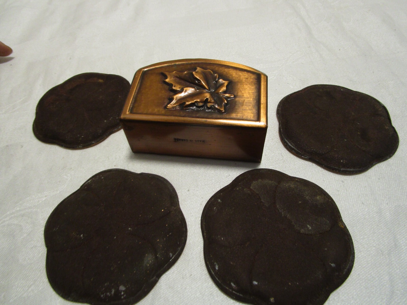 Vintage Handcrafted Albert Gilles copper repousse 5 Pc. coaster set Canada MCM