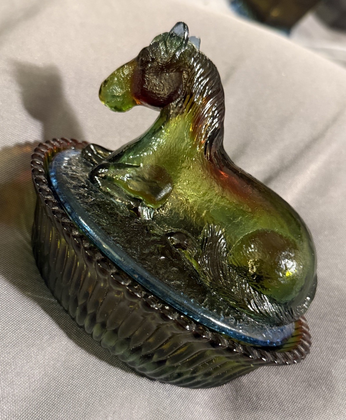 Vintage Rubina Nesting Horse on Nest Iridescent Multi Color Carnival Art Glass