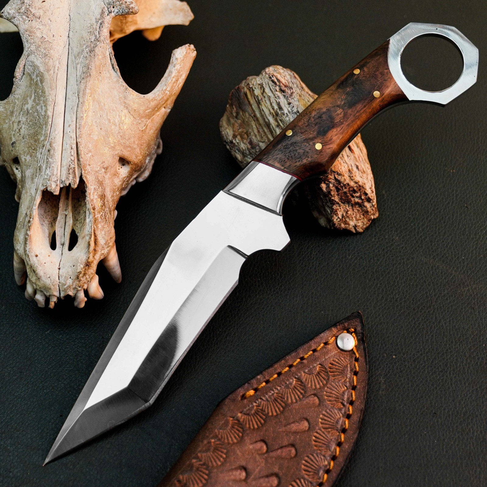 9.7″ Tactical Hunting EDC Knife Handmade Full Tang Wood Handle Leather Sheath