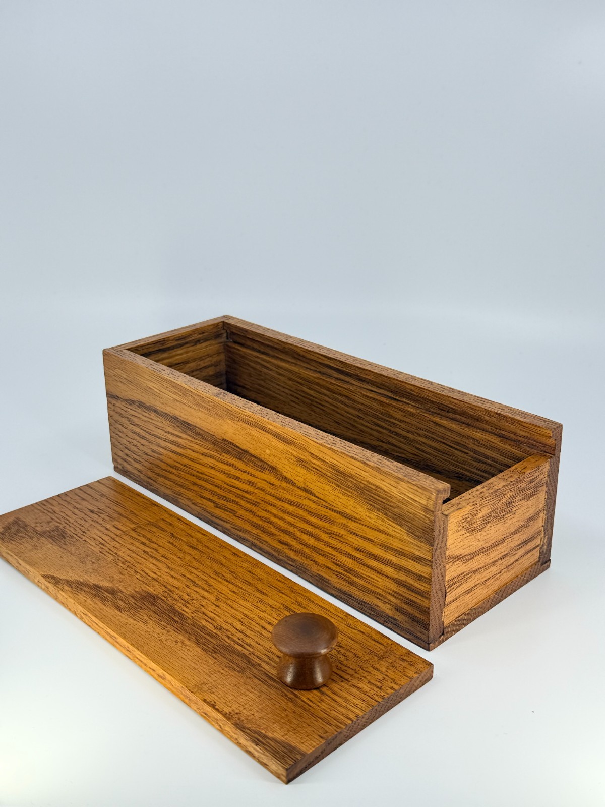 Vintage Oak Trinket Stash Box Wood Knob Handle Rectangle Sliding Lid 3x9x3.5