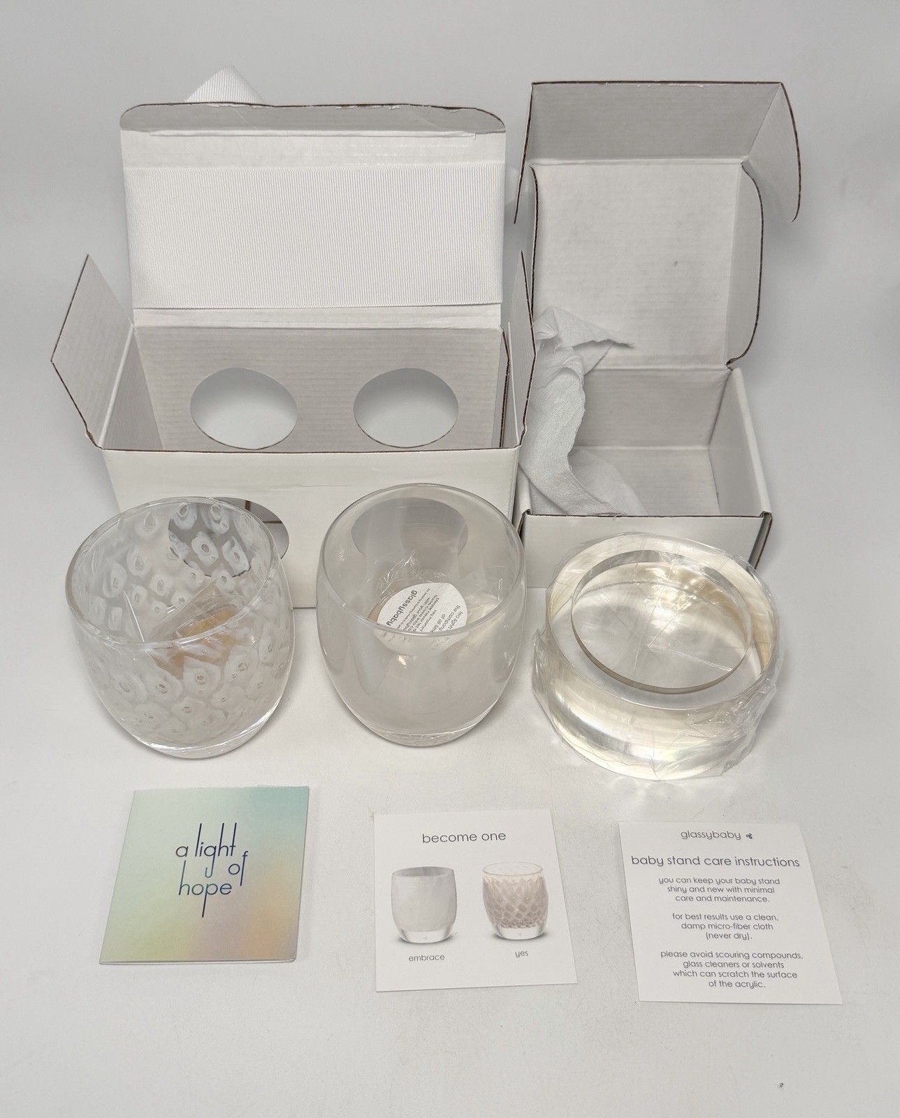 Glassybaby Become One Embrace & Yes Candle Votive Holders with Baby Stand Round